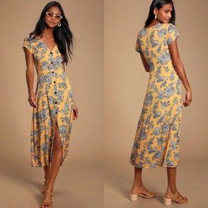 Lulus Lucinda Floral Print Button Front Midi Dress in Yellow Size Medium